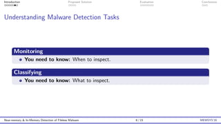 Introduction Proposed Solution Evaluation Conclusions
Understanding Malware Detection Tasks
Monitoring
You need to know: When to inspect.
Classifying
You need to know: What to inspect.
Near-memory & In-Memory Detection of Fileless Malware 8 / 23 MEMSYS’20
 