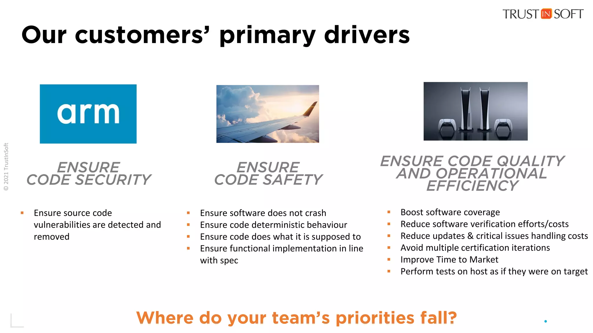 32
Our customers’ primary drivers
ENSURE CODE QUALITY
AND OPERATIONAL
EFFICIENCY
Where do your team’s priorities fall?
ENSURE
CODE SECURITY
ENSURE
CODE SAFETY
 Boost software coverage
 Reduce software verification efforts/costs
 Reduce updates & critical issues handling costs
 Avoid multiple certification iterations
 Improve Time to Market
 Perform tests on host as if they were on target
 Ensure source code
vulnerabilities are detected and
removed
 Ensure software does not crash
 Ensure code deterministic behaviour
 Ensure code does what it is supposed to
 Ensure functional implementation in line
with spec
 