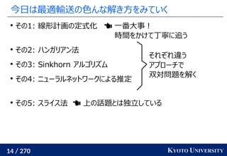 14 / 270 KYOTO UNIVERSITY
今日は最適輸送の色んな解き方をみていく

その1: 線形計画の定式化
　

その2: ハンガリアン法

その3: Sinkhorn アルゴリズム

その4: ニューラルネットワークによる推定

その5: スライス法  上の話題とは独立している
それぞれ違う
アプローチで
双対問題を解く
 一番大事！
時間をかけて丁寧に追う
 
