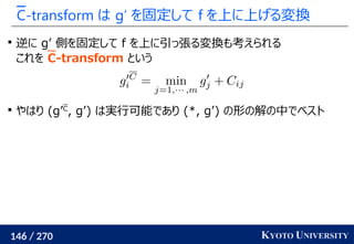 146 / 270 KYOTO UNIVERSITY
C-transform は g’ を固定して f を上に上げる変換

逆に g’ 側を固定して f を上に引っ張る変換も考えられる
これを C-transform という

やはり (g’C
, g’) は実行可能であり (*, g’) の形の解の中でベスト
 