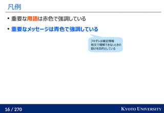 16 / 270 KYOTO UNIVERSITY
凡例

重要な用語は赤色で強調している

重要なメッセージは青色で強調している
フキダシは補足情報
地文で理解できないときの
助けを目的としている
 