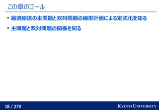 18 / 270 KYOTO UNIVERSITY
この章のゴール

最適輸送の主問題と双対問題の線形計画による定式化を知る

主問題と双対問題の関係を知る
 