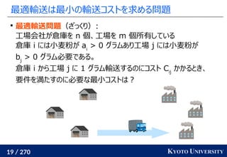 19 / 270 KYOTO UNIVERSITY
最適輸送は最小の輸送コストを求める問題

最適輸送問題（ざっくり）:
工場会社が倉庫を n 個、工場を m 個所有している
倉庫 i には小麦粉が ai
> 0 グラムあり工場 j には小麦粉が
bj
> 0 グラム必要である。
倉庫 i から工場 j に 1 グラム輸送するのにコスト Cij
かかるとき、
要件を満たすのに必要な最小コストは？
 