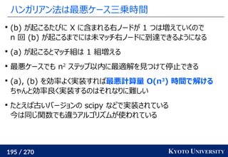 195 / 270 KYOTO UNIVERSITY
ハンガリアン法は最悪ケース三乗時間

(b) が起こるたびに X に含まれる右ノードが 1 つは増えていくので
n 回 (b) が起こるまでには未マッチ右ノードに到達できるようになる

(a) が起こるとマッチ組は 1 組増える

最悪ケースでも n2
ステップ以内に最適解を見つけて停止できる

(a), (b) を効率よく実装すれば最悪計算量 O(n3
) 時間で解ける
ちゃんと効率良く実装するのはそれなりに難しい

たとえば古いバージョンの scipy などで実装されている
今は同じ関数でも違うアルゴリズムが使われている
 