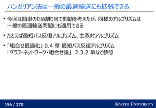 196 / 270 KYOTO UNIVERSITY
ハンガリアン法は一般の最適輸送にも拡張できる

今回は簡単のため割り当て問題を考えたが、同様のアルゴリズムは
一般の最適輸送問題にも適用できる

たとえば最短パス反復アルゴリズム、主双対アルゴリズム

「組合せ最適化」 9.4 章 最短パス反復アルゴリズム
「グラフ・ネットワーク・組合せ論」 2.3.2 章など参照
 