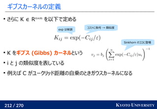 212 / 270 KYOTO UNIVERSITY
ギブスカーネルの定義

さらに K ∈ Rn×m
を以下で定める

K をギブス (Gibbs) カーネルという

i と j の類似度を表している

例えば C がユークリッド距離の自乗のときガウスカーネルになる
コストに負号 → 類似度
exp は単調
Sinkhorn のココに登場
 