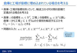 226 / 270 KYOTO UNIVERSITY
倉庫と工場が座標に埋め込まれている場合を考える

倉庫・工場が座標を持っていて、輸送コストがその間の距離で
定義される場合を考える

倉庫 の座標を , 工場 の座標を と表し
倉庫 から工場 に 1 グラムの小麦粉を輸送するコストを
とする

問題の入力:
C は x, y から
陰に定まるので
受け取らない
 
