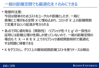 233 / 270 KYOTO UNIVERSITY
一般の距離空間でも最適化を f のみにできる

発展的注意:
今回は簡単のためコストをユークリッド距離としたが、一般に
倉庫と工場がある空間 X に埋め込まれ、コストが X 上の距離関数
で定義するという拡張が考えられる

各点で同じ値を取る（関数性）・リプシッツ性・f と g’ の一致性の
証明には距離公理の性質しか使っていないので、一般の距離空間の
場合も f: X → R を X 上でのリプシッツ連続関数制約で最適化
する問題に帰着できる

X をグラフとし、グラフ上の最短経路距離コストを使うケースは頻出
 