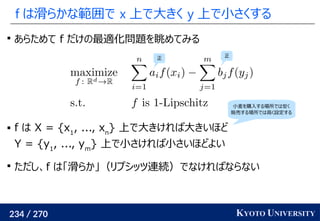 234 / 270 KYOTO UNIVERSITY
f は滑らかな範囲で x 上で大きく y 上で小さくする

あらためて f だけの最適化問題を眺めてみる
 f は X = {x1
, ..., xn
} 上で大きければ大きいほど
Y = {y1
, ..., ym
} 上で小さければ小さいほどよい

ただし、f は「滑らか」（リプシッツ連続）でなければならない
正
正
小麦を購入する場所では安く
販売する場所では高く設定する
 