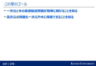 247 / 270 KYOTO UNIVERSITY
この章のゴール

一次元と木の最適輸送問題が簡単に解けることを知る

高次元の問題も一次元や木に帰着できることを知る
 