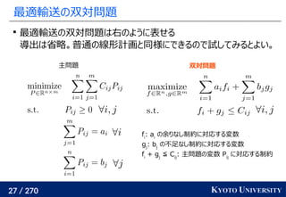 27 / 270 KYOTO UNIVERSITY
最適輸送の双対問題

最適輸送の双対問題は右のように表せる
導出は省略。普通の線形計画と同様にできるので試してみるとよい。
主問題 双対問題
fi
: ai
の余りなし制約に対応する変数
gj
: bj
の不足なし制約に対応する変数
fi
+ gj
≦ Cij
: 主問題の変数 Pij
に対応する制約
 