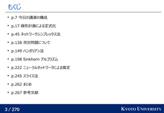 3 / 270 KYOTO UNIVERSITY
もくじ

p.7 今日の講演の構成

p.17 線形計画による定式化

p.45 ネットワークシンプレックス法

p.128 双対問題について

p.149 ハンガリアン法

p.198 Sinkhorn アルゴリズム

p.222 ニューラルネットワークによる推定

p.245 スライス法

p.262 まとめ

p.267 参考文献
 