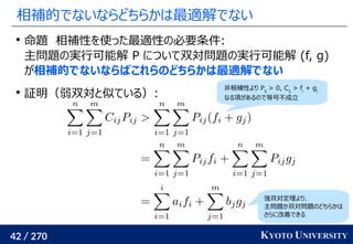 42 / 270 KYOTO UNIVERSITY
相補的でないならどちらかは最適解でない

命題　相補性を使った最適性の必要条件:
主問題の実行可能解 P について双対問題の実行可能解 (f, g)
が相補的でないならばこれらのどちらかは最適解でない

証明（弱双対と似ている）:
非相補性より Pij
> 0, Cij
> fi
+ gj
なる項があるので等号不成立
強双対定理より、
主問題か双対問題のどちらかは
さらに改善できる
 