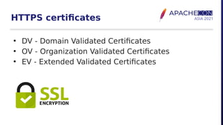 HTTPS certificates
• DV - Domain Validated Certificates
• OV - Organization Validated Certificates
• EV - Extended Validated Certificates
 