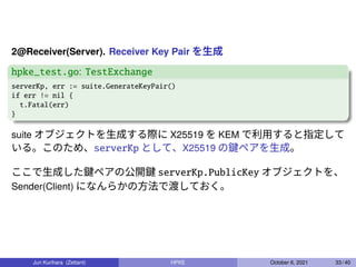 2@Receiver(Server). Receiver Key Pair を生成
hpke_test.go: TestExchange
serverKp, err := suite.GenerateKeyPair()
if err != ni...