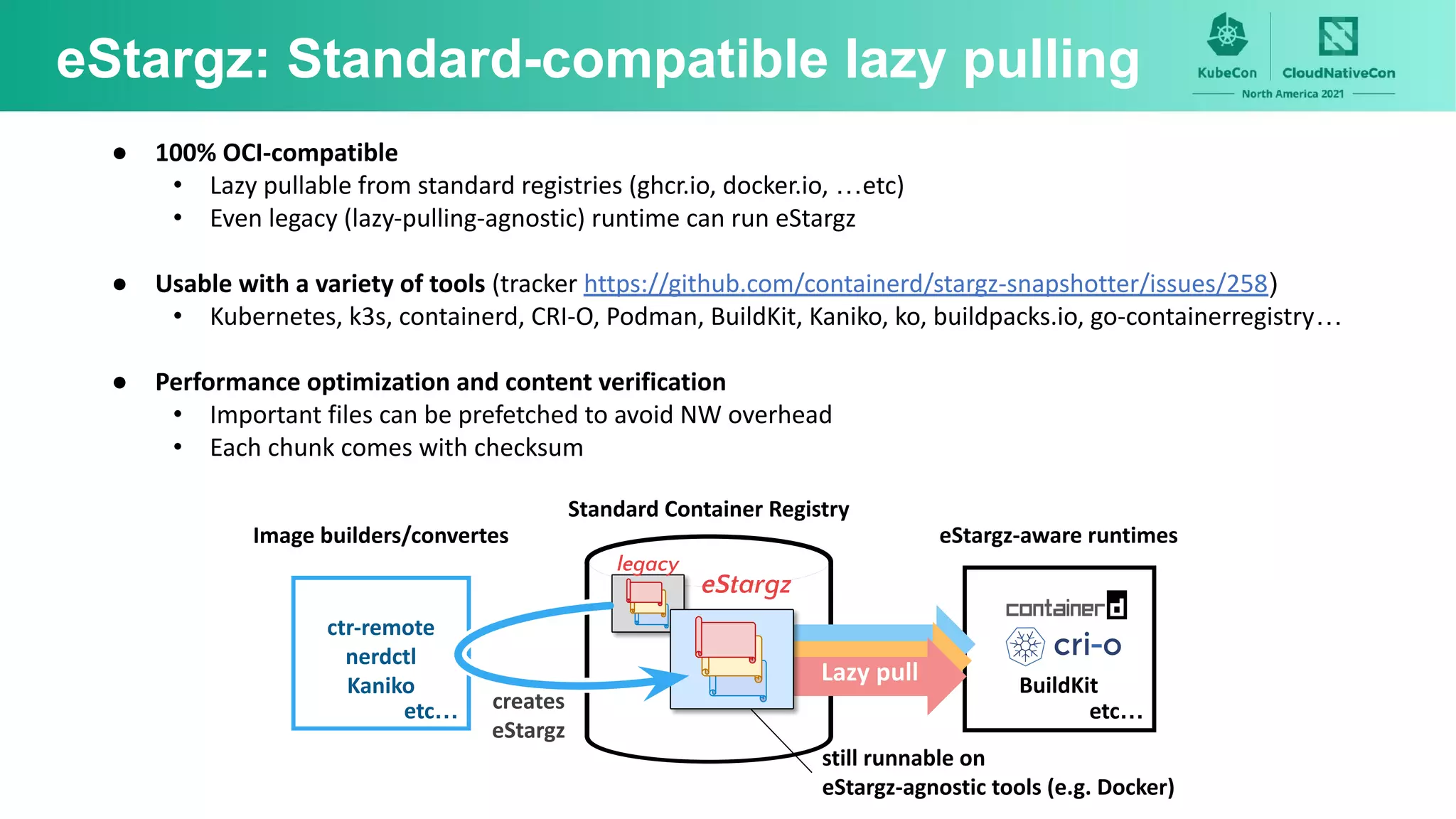 eStargz: Standard-compatible lazy pulling
● 100% OCI-compatible
• Lazy pullable from standard registries (ghcr.io, docker.io, …etc)
• Even legacy (lazy-pulling-agnostic) runtime can run eStargz
● Usable with a variety of tools (tracker https://github.com/containerd/stargz-snapshotter/issues/258)
• Kubernetes, k3s, containerd, CRI-O, Podman, BuildKit, Kaniko, ko, buildpacks.io, go-containerregistry…
● Performance optimization and content verification
• Important files can be prefetched to avoid NW overhead
• Each chunk comes with checksum
Standard Container Registry
eStargz-aware runtimes
BuildKit
Lazy pull
Lazy pull
legacy
ctr-remote
nerdctl
Kaniko
Image builders/convertes
eStargz
creates
eStargz
still runnable on
eStargz-agnostic tools (e.g. Docker)
etc…
etc…
legacy
 