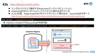 Copyright(c)2021 NTT Corp. All Rights Reserved
K3s
l 1 Kubernetes
l containerd CRI
l v1.22.2 Stargz Snapshotter lazy pulling
https://rancher.com/docs/k3s/latest/en/advanced/#enabling-lazy-pulling-of-estargz-experimental
k3s server --snapshotter=stargz
K3s server/agent
Stargz
Snapshotter (library)
k8s
Lazy pull
Container Registry
eStargz
k3d cluster create --image=rancher/k3s:v1.22.2-k3s2 --k3s-arg='--snapshotter=stargz@server:*;agent:*'
l K3d (k3s in Docker) lazy pulling
builtin
https://github.com/k3s-io/k3s
 