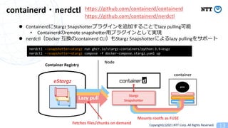 Copyright(c)2021 NTT Corp. All Rights Reserved
containerd nerdctl
proc
Stargz
Snapshotter
Fetches files/chunks on demand
Mounts rootfs as FUSE
Node
Lazy pull
Container Registry
eStargz
container
l Containerd Stargz Snapshotter3 lazy pulling
• Containerd remote snapshotter 3
l nerdctl Docker containerd CLI Stargz Snapshotter lazy pulling 1
nerdctl --snapshotter=stargz run ghcr.io/stargz-containers/python:3.9-esgz
nerdctl --snapshotter=stargz compose -f docker-compose.stargz.yaml up
https://github.com/containerd/containerd
https://github.com/containerd/nerdctl
 