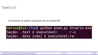 Tarefa 1/2
Enumerar as seções executáveis de um binário PE.
Extraindo Caracterı́sticas de Arquivos Binários Executáveis 15 / 16 UFPR
 