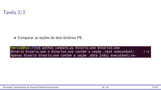 Tarefa 2/2
Comparar as seções de dois binários PE.
Extraindo Caracterı́sticas de Arquivos Binários Executáveis 16 / 16 UFPR
 