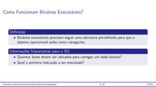 Como Funcionam Binários Executáveis?
Definição
Binários executáveis precisam seguir uma estrutura pré-definida para que o
sistema operacional saiba como carregá-los.
Informações Importantes para o SO
Quantos bytes devem ser alocados para carregar um dado binário?
Qual a primeira instrução a ser executada?
Extraindo Caracterı́sticas de Arquivos Binários Executáveis 4 / 16 UFPR
 