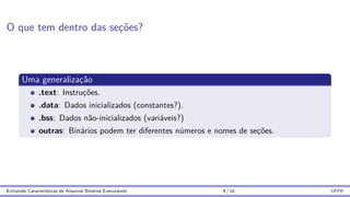 O que tem dentro das seções?
Uma generalização
.text: Instruções.
.data: Dados inicializados (constantes?).
.bss: Dados não-inicializados (variáveis?)
outras: Binários podem ter diferentes números e nomes de seções.
Extraindo Caracterı́sticas de Arquivos Binários Executáveis 9 / 16 UFPR
 