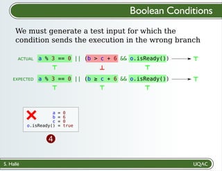 S. Hallé
a = 0
b = 6
c = 0
o.isReady() = true
4
⊤ ⊥ ⊤
⊤ ⊤ ⊤
⊤
⊤
+
We must generate a test input for which the
condition sends the execution in the wrong branch
Boolean Conditions
a % 3 == 0 || (b > c + 6 && o.isReady())
a % 3 == 0 || (b ≥ c + 6 && o.isReady())
ACTUAL
EXPECTED
 