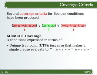 S. Hallé
Several coverage criteria for Boolean conditions
have been proposed
Coverage Criteria
(x₀ ∧ ¬x₁ ∧ x₂) ∨ (x₁ ∧ x₃) ∨ (¬x₀ ∧ x₂ ∧ x₃)
MUMCUT Coverage
3 conditions expressed in terms of:
Unique true point (UTP): test case that makes a
single clause evaluate to ⊤ x₀ = ⊥ x₁ = ⊤ x₂ = ⊥ x₃ = ⊤
⊥ ⊤ ⊥
 