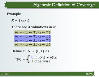S. Hallé
Deﬁne τ : N → {0,1} as
τ(ν) ={0 if ν(x₀) ≠ ν(x₁)
1 otherwise
Algebraic Definition of Coverage
Example
X = {x₀,x₁}
There are 4 valuations in N:
ν₀ = {x₀ ↦ ⊤, x₁ ↦ ⊤}
ν₁ = {x₀ ↦ ⊤, x₁ ↦ ⊥}
ν₂ = {x₀ ↦ ⊥, x₁ ↦ ⊤}
ν₃ = {x₀ ↦ ⊥, x₁ ↦ ⊥}
 