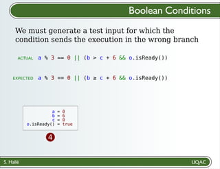 S. Hallé
a = 0
b = 6
c = 0
o.isReady() = true
4
We must generate a test input for which the
condition sends the execution in the wrong branch
Boolean Conditions
a % 3 == 0 || (b > c + 6 && o.isReady())
a % 3 == 0 || (b ≥ c + 6 && o.isReady())
ACTUAL
EXPECTED
 