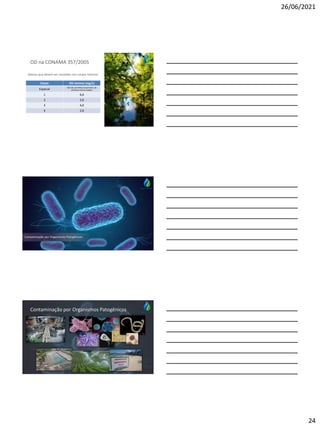 26/06/2021
24
OD na CONAMA 357/2005
Classe OD mínimo (mg/L)
Especial
Não são permitidos lançamentos de
efluentes mesmo tratados
1 6,0
2 5,0
3 4,0
4 2,0
Valores que devem ser mantidos nos corpos hídricos:
Contaminação por Organismos Patogênicos
Contaminação por Organismos Patogênicos
 