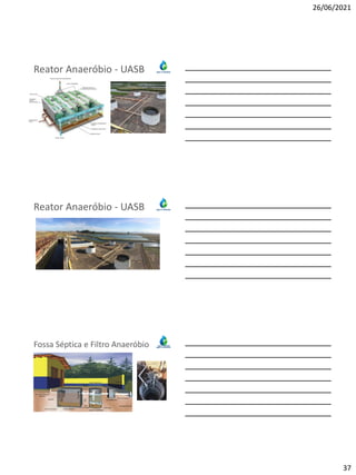 26/06/2021
37
Reator Anaeróbio - UASB
Reator Anaeróbio - UASB
Fossa Séptica e Filtro Anaeróbio
 