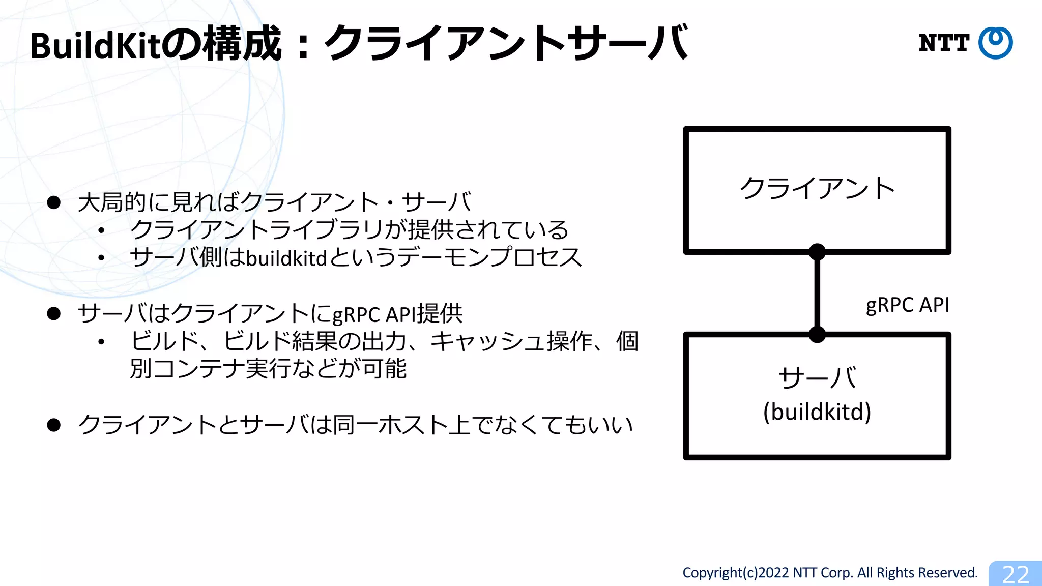Copyright(c)2022 NTT Corp. All Rights Reserved. 22
BuildKitの構成︓クライアントサーバ
l ⼤局的に⾒ればクライアント・サーバ
• クライアントライブラリが提供されている
• サーバ側はbuildkitdというデーモンプロセス
l サーバはクライアントにgRPC API提供
• ビルド、ビルド結果の出⼒、キャッシュ操作、個
別コンテナ実⾏などが可能
l クライアントとサーバは同⼀ホスト上でなくてもいい
クライアント
サーバ
(buildkitd)
gRPC API
 