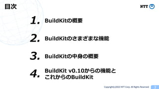 Copyright(c)2022 NTT Corp. All Rights Reserved. 3
?
BuildKitθҪ
1.
3. BuildKit?θҪ
4. BuildKit v0.10ΙCܤ
줫BuildKit
2. BuildKitΤޤޤʙC
 