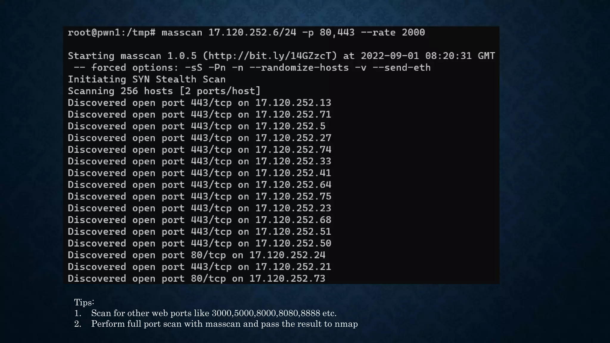 Tips:
1. Scan for other web ports like 3000,5000,8000,8080,8888 etc.
2. Perform full port scan with masscan and pass the result to nmap
 