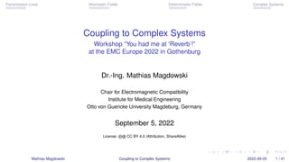 Transmission Lines Stochastic Fields Deterministic Fields Complex Systems
Coupling to Complex Systems
Workshop “You had me at ‘Reverb’!”
at the EMC Europe 2022 in Gothenburg
Dr.-Ing. Mathias Magdowski
Chair for Electromagnetic Compatibility
Institute for Medical Engineering
Otto von Guericke University Magdeburg, Germany
September 5, 2022
License: cb CC BY 4.0 (Attribution, ShareAlike)
Mathias Magdowski Coupling to Complex Systems 2022-09-05 1 / 41
 