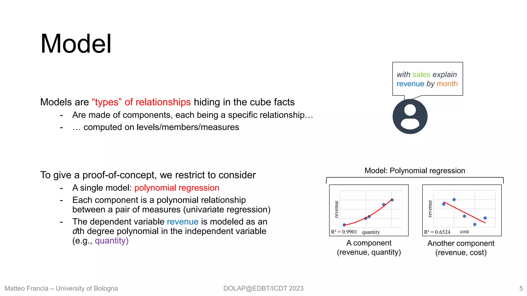 DOLAP@EDBT/ICDT 2023
Model
Models are “types” of relationships hiding in the cube facts
- Are made of components, each being a specific relationship…
- … computed on levels/members/measures
To give a proof-of-concept, we restrict to consider
- A single model: polynomial regression
- Each component is a polynomial relationship
between a pair of measures (univariate regression)
- The dependent variable revenue is modeled as an
dth degree polynomial in the independent variable
(e.g., quantity)
Matteo Francia – University of Bologna 5
R² = 0.9901
revenue
quantity R² = 0.6524
revenue
cost
Model: Polynomial regression
A component
(revenue, quantity)
Another component
(revenue, cost)
with sales explain
revenue by month
 