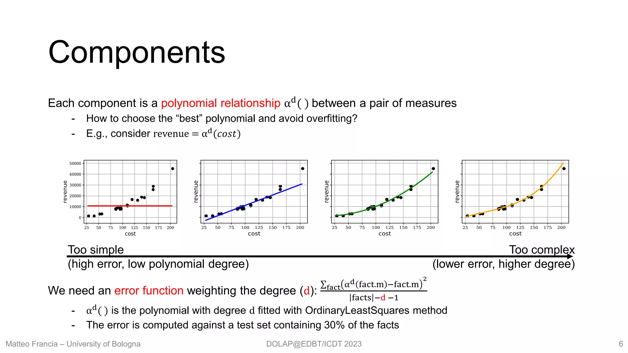 DOLAP@EDBT/ICDT 2023
Components
Each component is a polynomial relationship αd
( ) between a pair of measures
- How to choose the “best” polynomial and avoid overfitting?
- E.g., consider revenue = αd
(𝑐𝑜𝑠𝑡)
We need an error function weighting the degree (d): fact αd fact.m −fact.m
2
facts −d −1
- αd
( ) is the polynomial with degree d fitted with OrdinaryLeastSquares method
- The error is computed against a test set containing 30% of the facts
Matteo Francia – University of Bologna 6
Too simple
(high error, low polynomial degree)
Too complex
(lower error, higher degree)
 