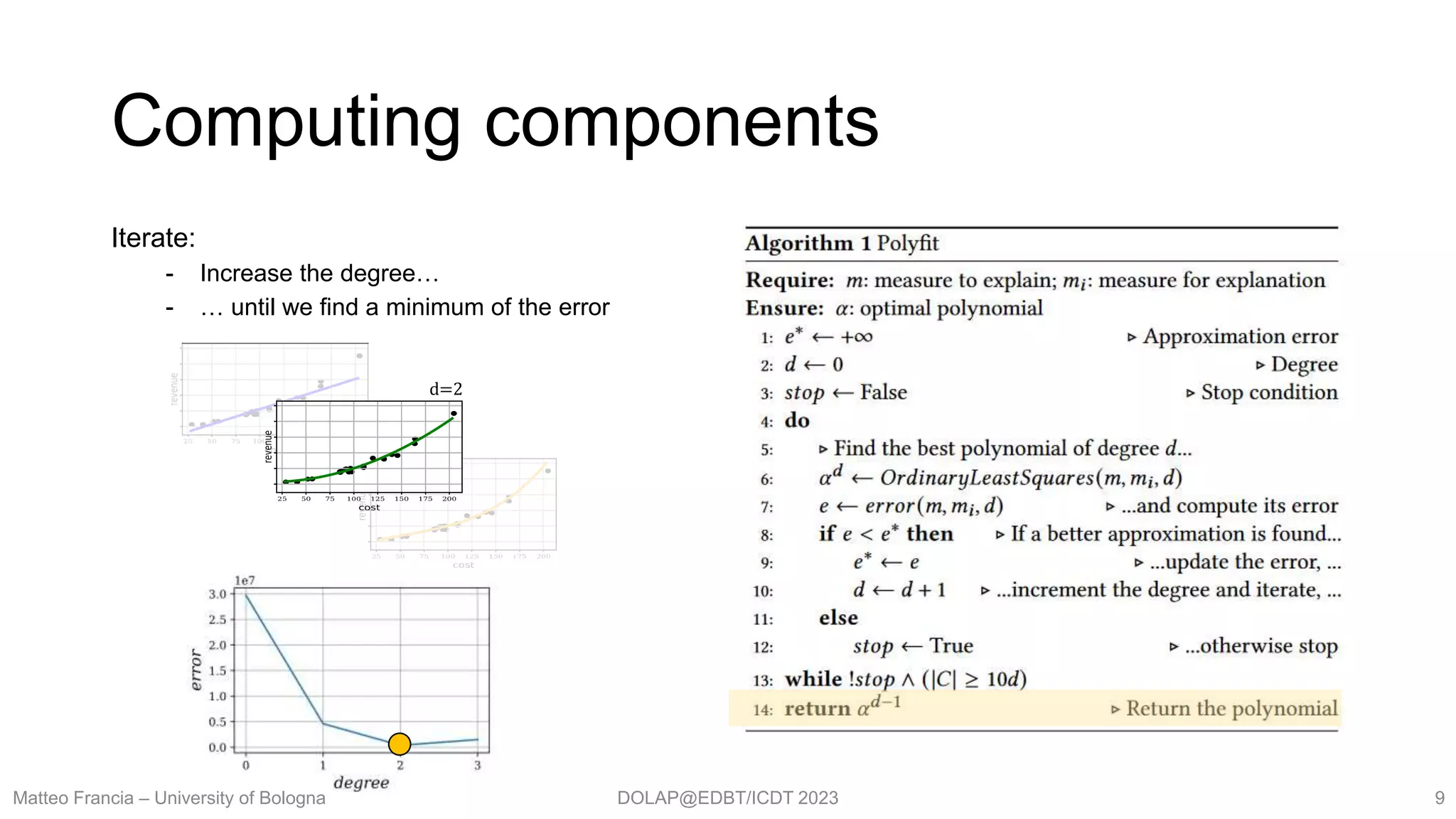 DOLAP@EDBT/ICDT 2023
Computing components
Matteo Francia – University of Bologna 9
Iterate:
- Increase the degree…
- … until we find a minimum of the error
d=2
 