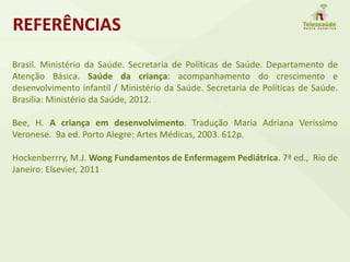 REFERÊNCIAS
Brasil. Ministério da Saúde. Secretaria de Políticas de Saúde. Departamento de
Atenção Básica. Saúde da criança: acompanhamento do crescimento e
desenvolvimento infantil / Ministério da Saúde. Secretaria de Políticas de Saúde.
Brasília: Ministério da Saúde, 2012.
Bee, H. A criança em desenvolvimento. Tradução Maria Adriana Veríssimo
Veronese. 9a ed. Porto Alegre: Artes Médicas, 2003. 612p.
Hockenberrry, M.J. Wong Fundamentos de Enfermagem Pediátrica. 7ª ed., Rio de
Janeiro: Elsevier, 2011
 