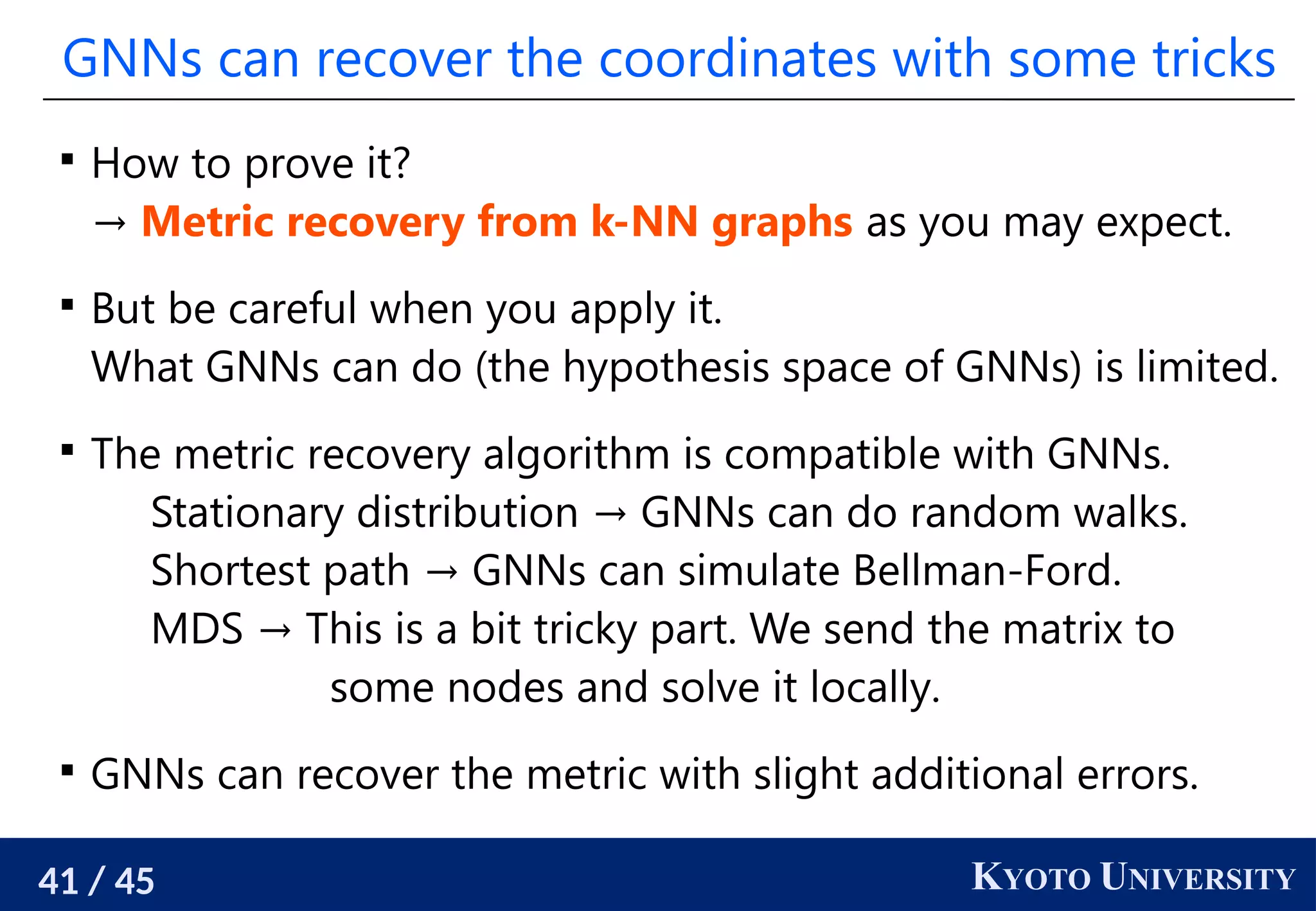 41 / 45 KYOTO UNIVERSITY
GNNs can recover the coordinates with some tricks

How to prove it?
→ Metric recovery from k-NN graphs as you may expect.

But be careful when you apply it.
What GNNs can do (the hypothesis space of GNNs) is limited.

The metric recovery algorithm is compatible with GNNs.
Stationary distribution → GNNs can do random walks.
Shortest path → GNNs can simulate Bellman-Ford.
MDS → This is a bit tricky part. We send the matrix to
some nodes and solve it locally.

GNNs can recover the metric with slight additional errors.
 