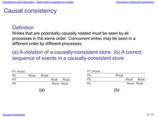 Consistency and replication: Data-centric consistency models Consistent ordering of operations
Causal consistency
Definition
Writes that are potentially causally related must be seen by all
processes in the same order. Concurrent writes may be seen in a
different order by different processes.
(a) A violation of a causally-consistent store. (b) A correct
sequence of events in a causally-consistent store
P1: W(x)a
R(x)a
P2:
P3:
P4:
W(x)b
R(x)a R(x)b
R(x)b R(x)a
P1: W(x)a
P2:
P3:
P4:
W(x)b
Causal consistency 12 / 37
R(x)a R(x)b
R(x)b R(x)a
(a) (b)
 