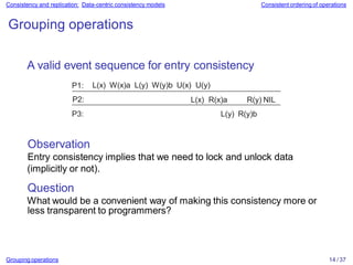 Consistency and replication: Data-centric consistency models Consistent ordering of operations
Grouping operations
A valid event sequence for entry consistency
P1: L(x) W(x)a L(y) W(y)b U(x) U(y)
P2: L(x) R(x)a R(y) NIL
P3: L(y) R(y)b
Observation
Entry consistency implies that we need to lock and unlock data
(implicitly or not).
Question
What would be a convenient way of making this consistency more or
less transparent to programmers?
Grouping operations 14 / 37
 