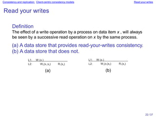 22 / 37
Consistency and replication: Client-centric consistency models Read your writes
Read your writes
Definition
The effect of a write operation by a process on data item x , will always
be seen by a successive read operation on x by the same process.
(a) A data store that provides read-your-writes consistency.
(b) A data store that does not.
L2:
L1: W1(x1) L1: W1(x1)
W2(x1;x2) R1(x2) L2:
(a)
W2(x1|x2) R1(x2)
(b)
 