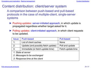 Pull versus push protocols 29 / 37
Consistency and replication: Replica management Content distribution
Content distribution: client/server system
A comparison between push-based and pull-based
protocols in the case of multiple-client, single-server
systems
► Pushing updates: server-initiated approach, in which update is
propagated regardless whether target asked for it.
► Pulling updates: client-initiated approach, in which client requests
to be updated.
Issue Push-based Pull-based
1: List of client caches None
2: Update (and possibly fetch update) Poll and update
3: Immediate (or fetch-update time) Fetch-update time
1: State at server
2: Messages to be exchanged
3: Response time at the client
 