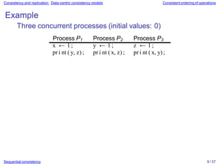 Consistency and replication: Data-centric consistency models Consistent ordering of operations
Example
Three concurrent processes (initial values: 0)
Process P1 Process P2 Process P3
x ← 1 ; y ← 1 ; z ← 1 ;
pr i nt ( y, z) ; pr i nt ( x, z) ; pr i nt ( x, y) ;
Sequential consistency 9 / 37
 