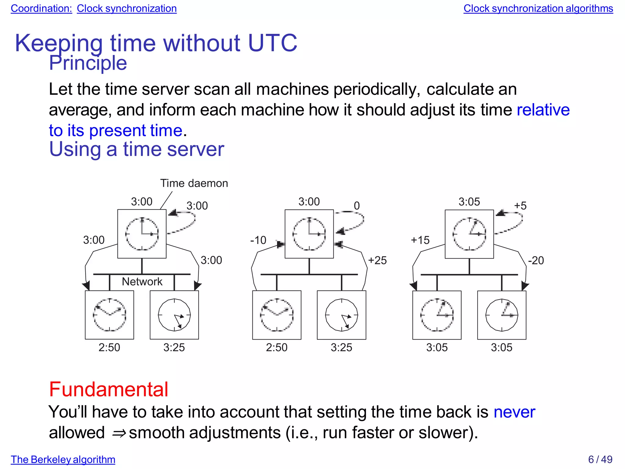 Coordination: Clock synchronization Clock synchronization algorithms
Keeping time without UTC
Principle
Let the time server scan all machines periodically, calculate an
average, and inform each machine how it should adjust its time relative
to its present time.
Using a time server
Time daemon
3:00
3:00
Network
3:00 3:00
+25
3:05
3:00 0 +5
-10 +15
-20
2:50 3:25 2:50 3:25 3:05 3:05
Fundamental
You’ll have to take into account that setting the time back is never
allowed ⇒ smooth adjustments (i.e., run faster or slower).
The Berkeley algorithm 6 / 49
 