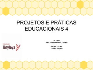 PROJETOS E PRÁTICAS
EDUCACIONAIS 4
ALUNO
Raul Flávio Ferreira Lobato
PROFESSORA
Talita Campelo
 