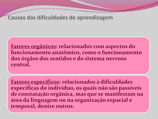 Causas das dificuldades de aprendizagem
Fatores orgânicos: relacionados com aspectos do
funcionamento anatômico, como o funcionamento
dos órgãos dos sentidos e do sistema nervoso
central.
Fatores específicos: relacionados à dificuldades
específicas do indivíduo, os quais não são passíveis
de constatação orgânica, mas que se manifestam na
área da linguagem ou na organização espacial e
temporal, dentre outros.
 