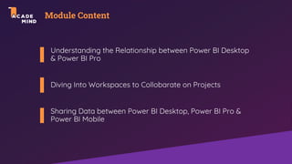 Module Content
Understanding the Relationship between Power BI Desktop
& Power BI Pro
Diving Into Workspaces to Collobarate on Projects
Sharing Data between Power BI Desktop, Power BI Pro &
Power BI Mobile
 